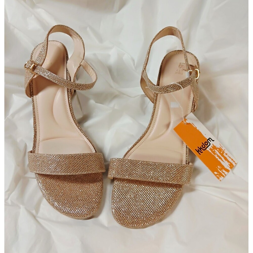 kkdom Gold Glitter Strappy Ankle Strap Sandals Buckle Closure US 9